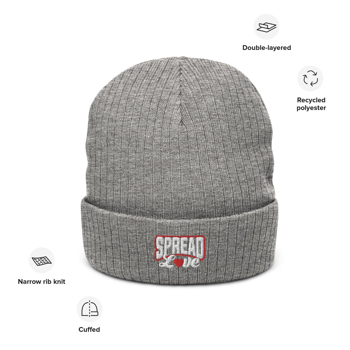 light grey ribbed knit beanie with "spread love" white text written on the fold 