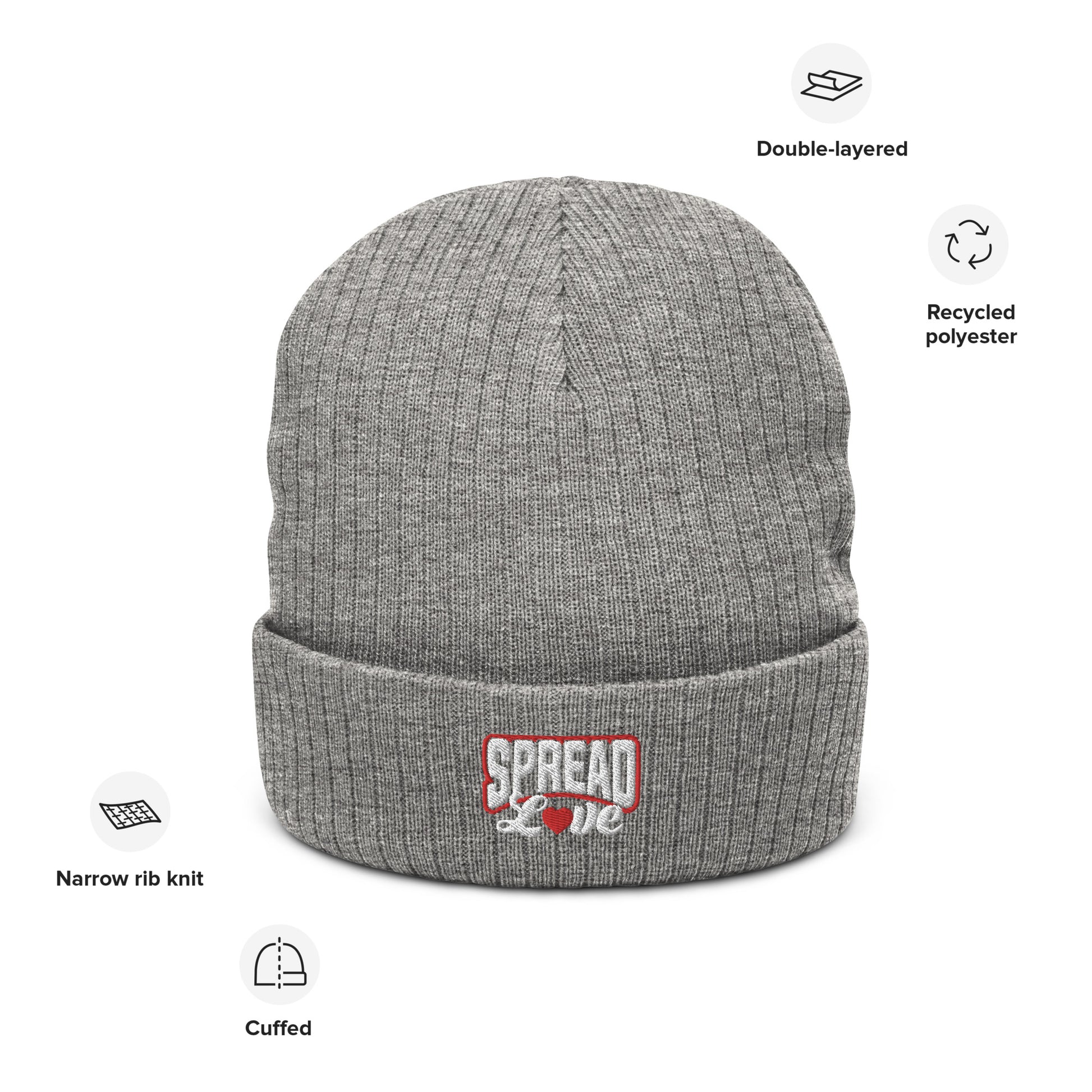 light grey ribbed knit beanie with "spread love" white text written on the fold 