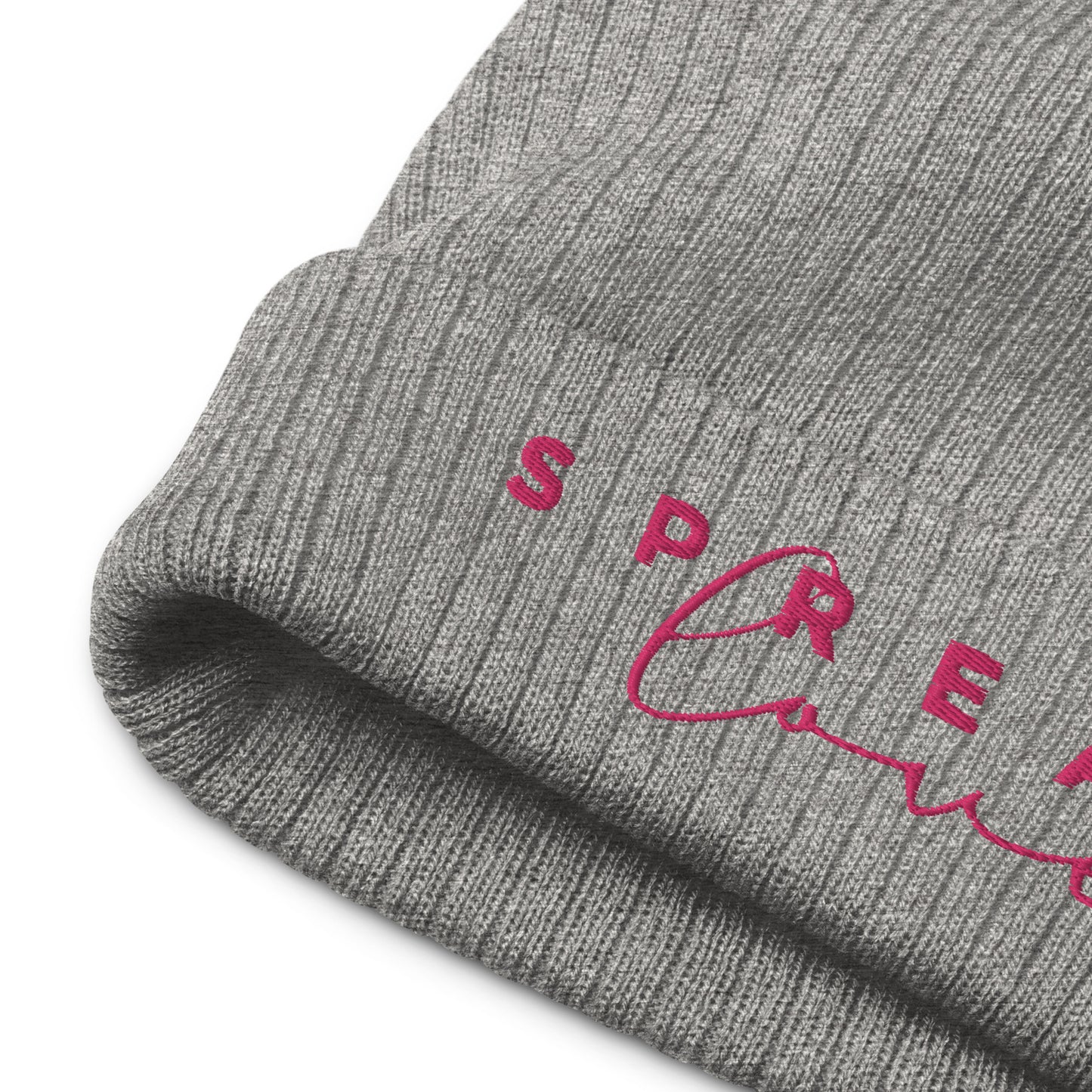 A light grey ribbed knit beanie with the word 'Spread Love' written on the fold.