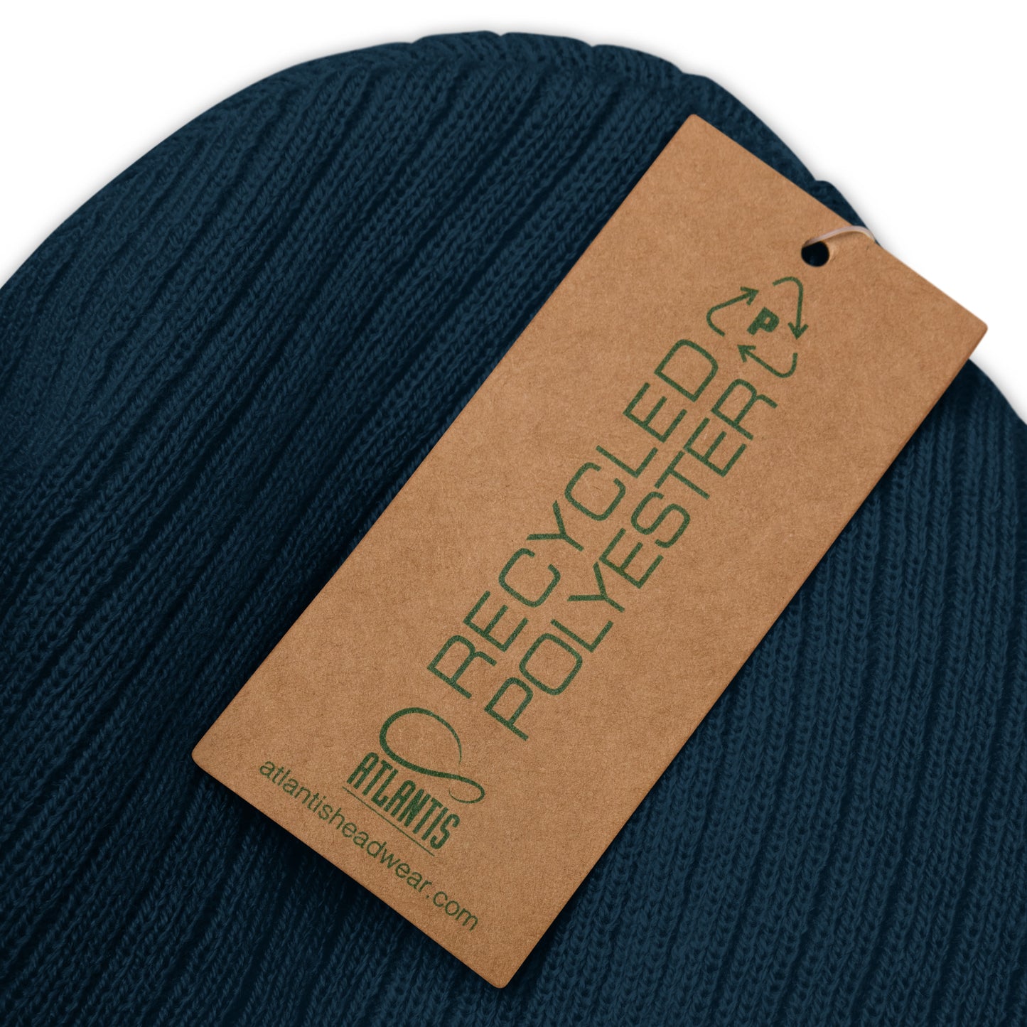 navy blue spread love ribbed knit beanie product-details on brown label