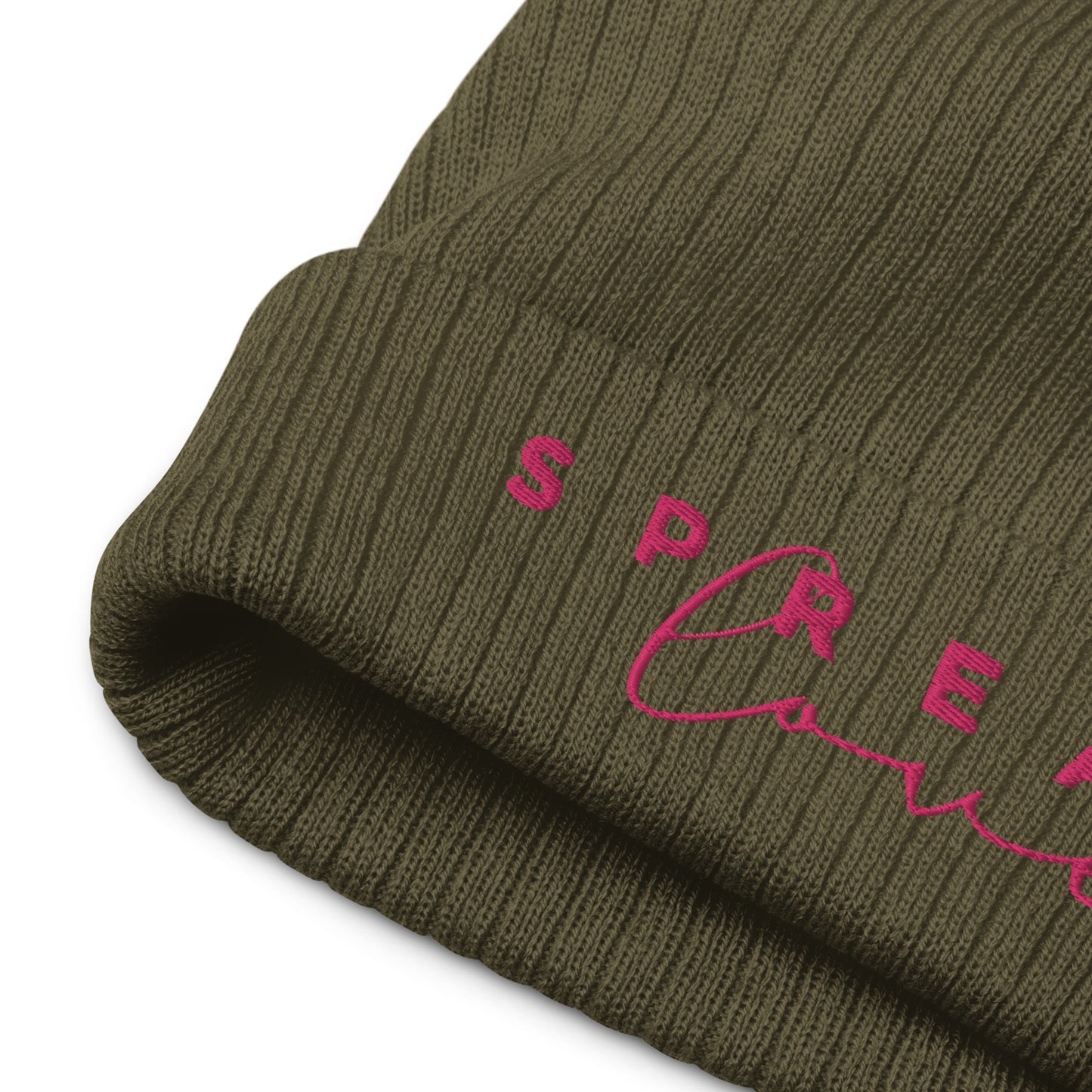 An olive green ribbed knit beanie with the word 'Spread Love' written on the fold.
